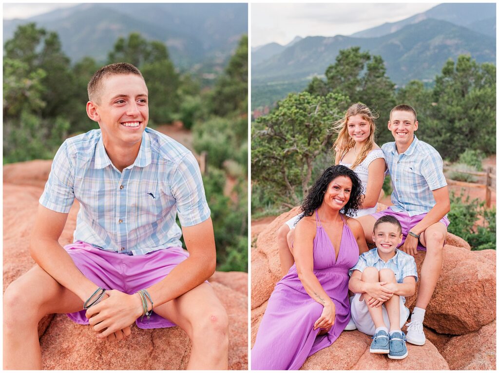 Teenage son sits with his hands over his legs on a red rock at Garden of the Gods for family pictures taken by Catherine Chamberlain Photography's associate in Colorado Springs, CO