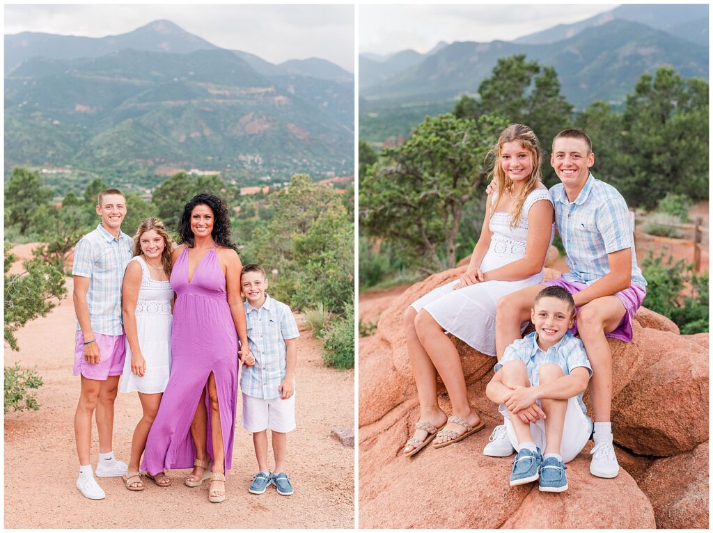 Three siblings pose sitting on a red rock formation for light and airy Colorado Springs family photos at Garden of the Gods