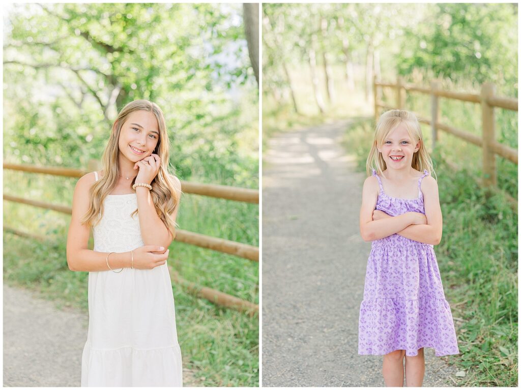 Young girl in a purple dress crosses her arms for light and airy outdoor photos with Northern Colorado family photographer Catherine Chamberlain