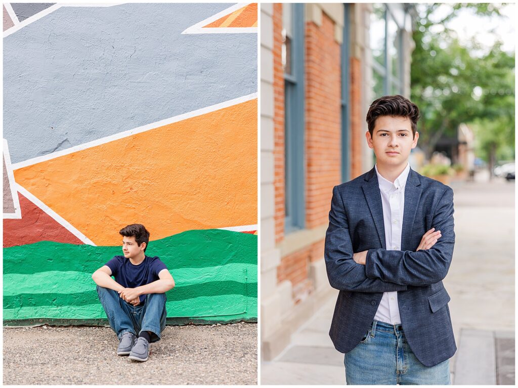 Teen boy sits in front of a painted mural with his elbows on his knees while looking off into the distance for Alexander’s Outdoor Senior Session in Fort Collins, CO