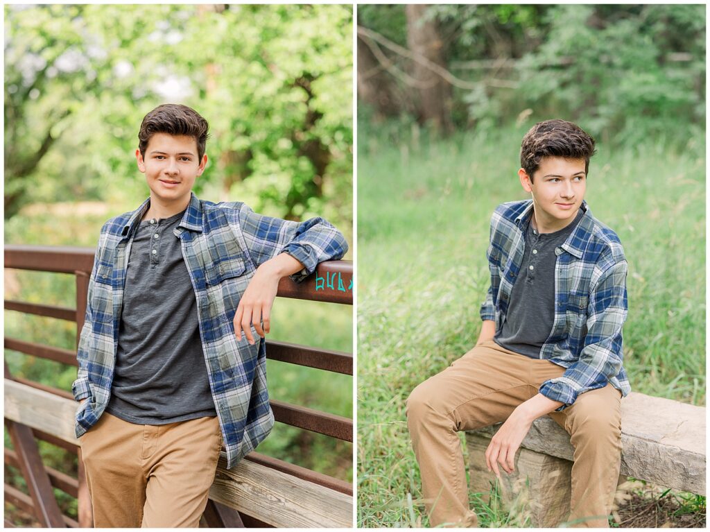 Teenager poses for senior photos by sitting and leaning on his leg as he looks out in the distance