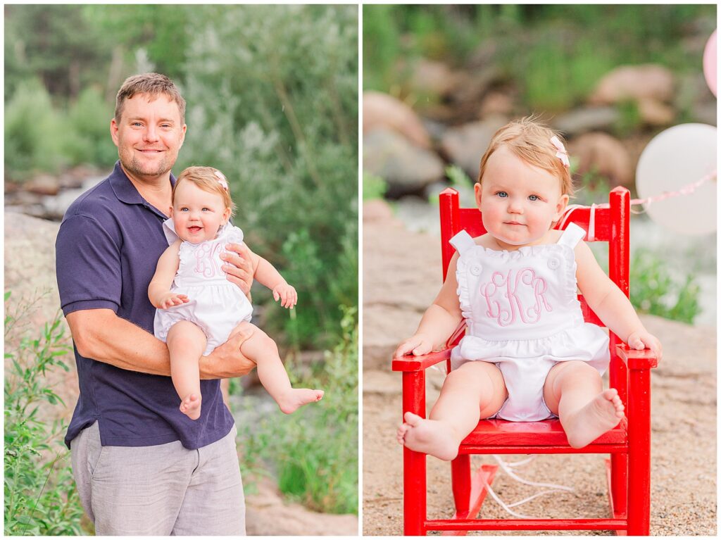 One-year-old girl sits on a bright red rocking chair for outdoor photos in Buckingham Park, CO