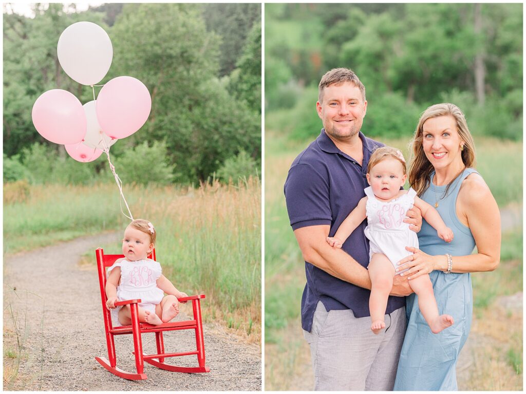 Little girl poses for her first birthday with balloons tied to her red rocking chair while posing for outdoor photos with Catherine Chamberlain Photography