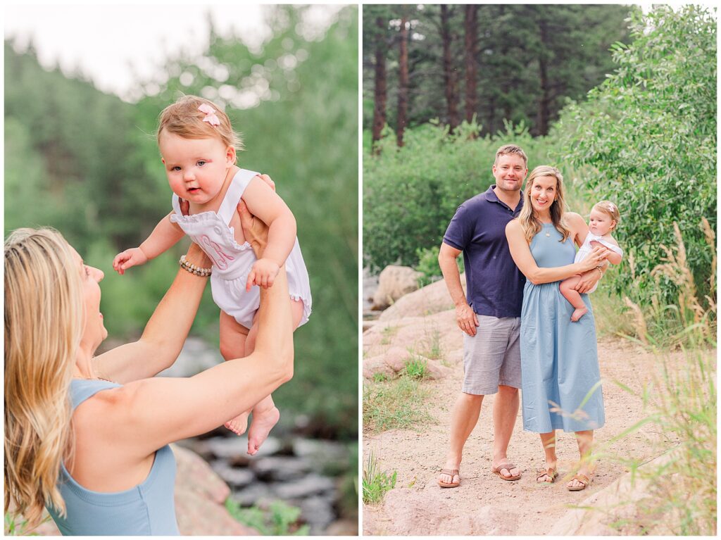 Mom lifts her baby girl in the air to celebrate her first birthday during Hughes family outdoor session