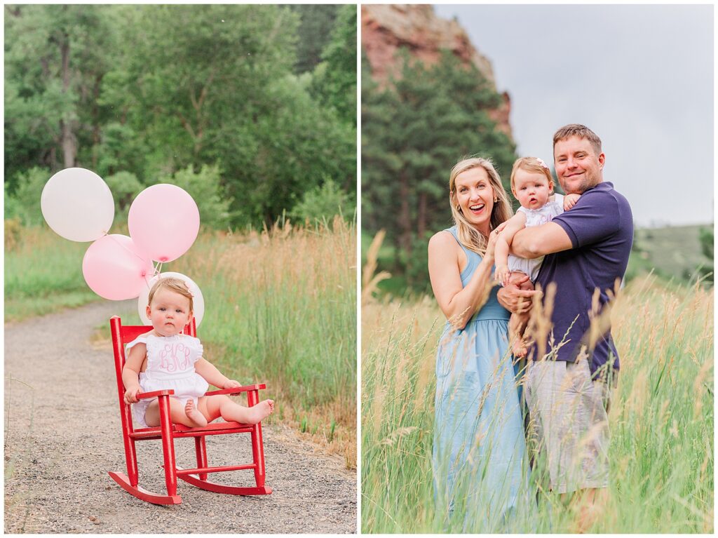 Mom and dad hold their one-year-old birthday girl for Hughes family outdoor session at Buckingham Park, CO