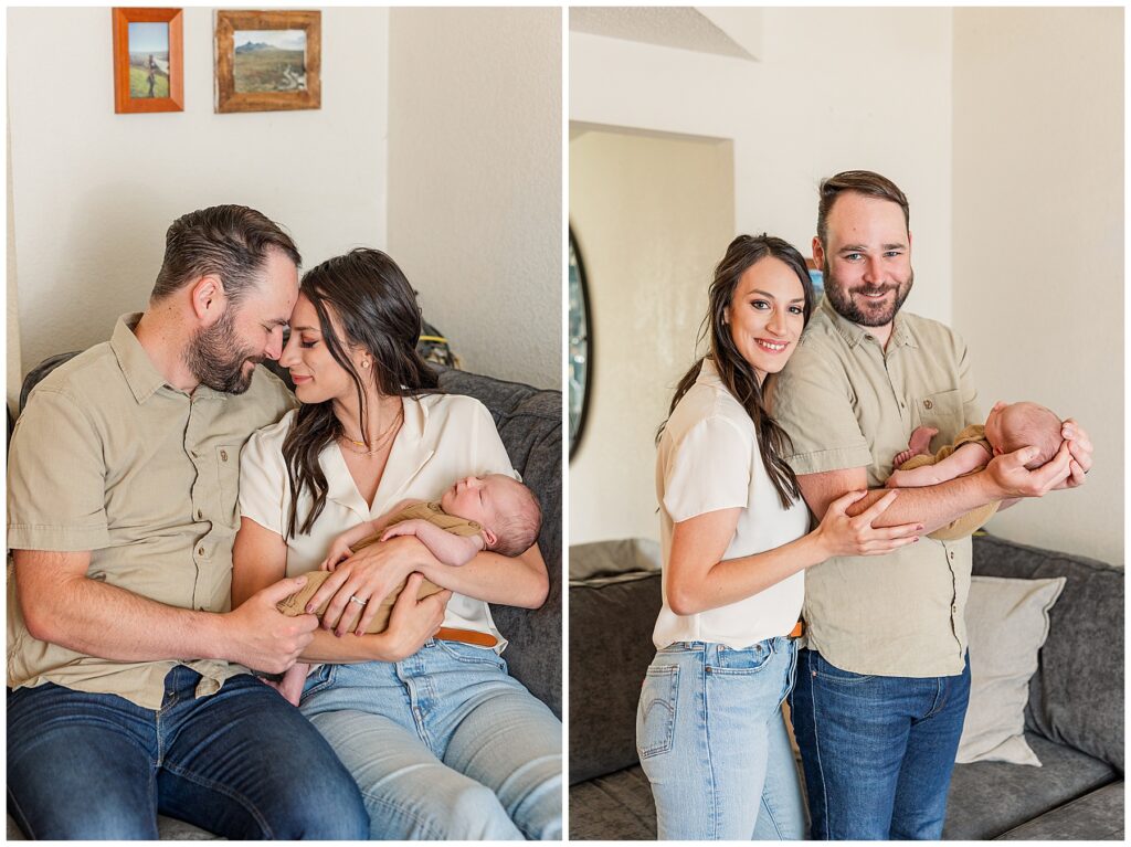Mom and dad pose by standing in their home for this in-home Colorado newborn session