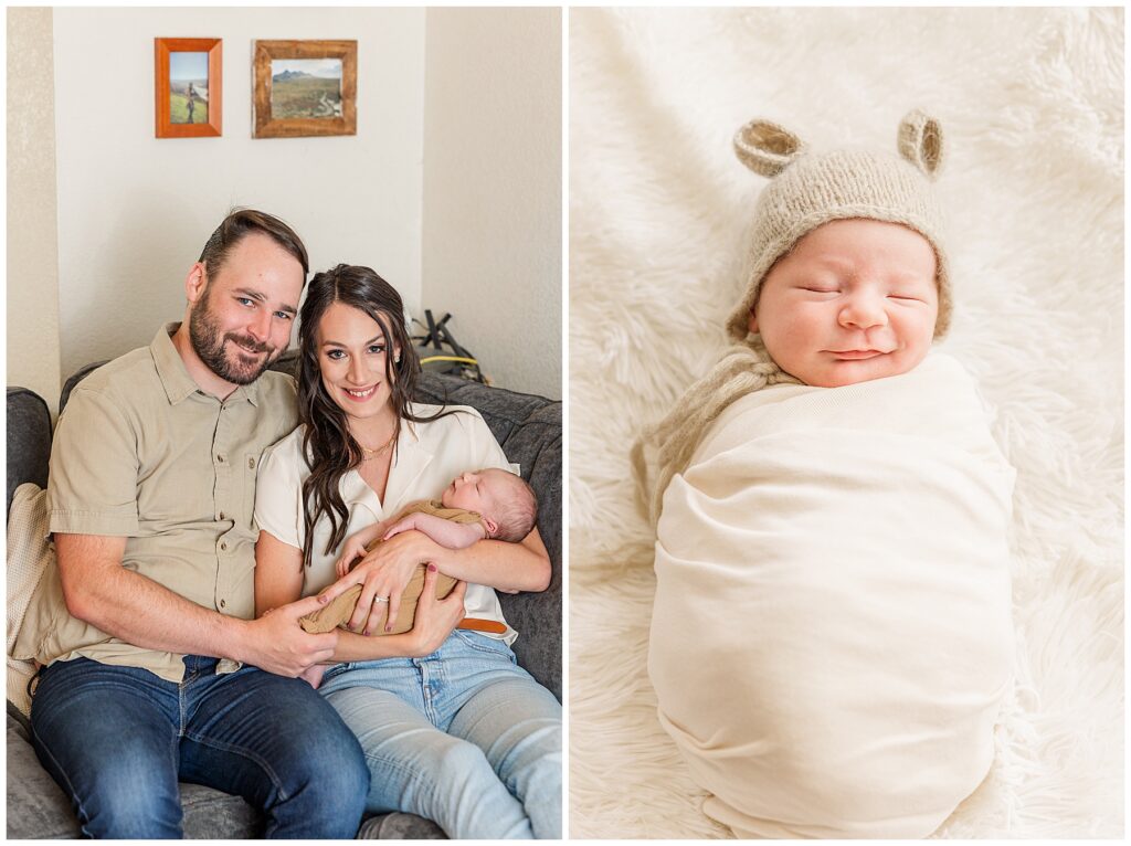 Mother holds her newborn baby while her husband snuggles them as they pose for Catherine Chamberlain photography