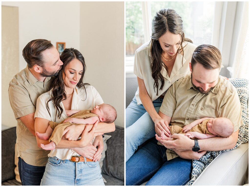 Husband kisses his wife and the mom holds their newborn baby for this in-home Colorado newborn session