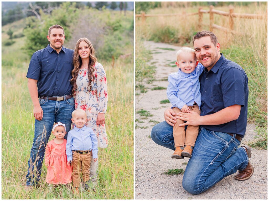 Father squats down on a trail with his toddler boy sitting in his lap for light and airy family photos by Catherine Chamberlain Photography