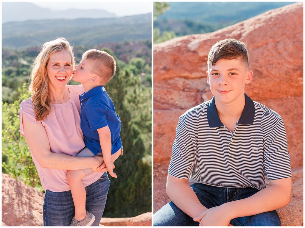 Mom holds her toddler son on her hip as he kisses her cheek for Dixon Outdoor Family Session at Garden of the Gods in Colorado Springs, CO