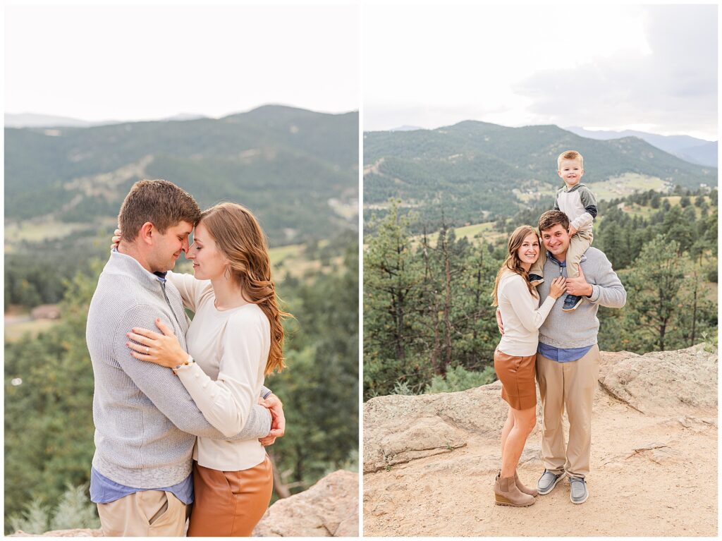 Couple snuggles with their little boy on the dad's shoulders during the Amy Maly Family Session at Mt. Falcon in Morrison, CO