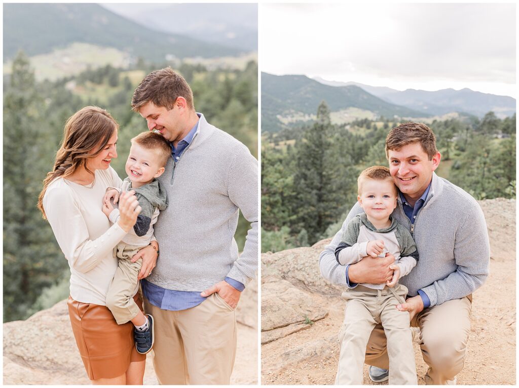 Little boy sits on his dad's lap for light and airy family photos in Northern Colorado