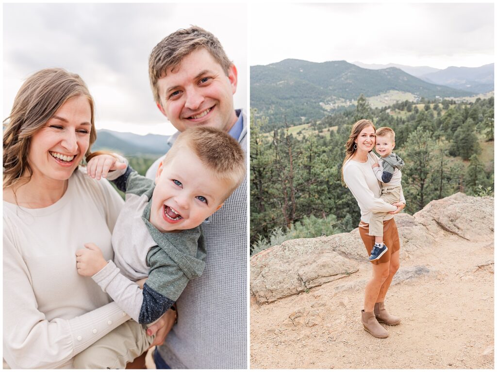 Mom and dad hold their little boy as he leans toward the camera smiling