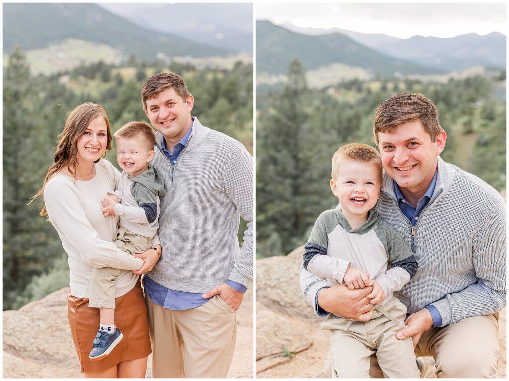 Family of three pose with mountains in the background for light and airy photos with Catherine Chamberlain Photography at Mt. Falcon in Morrison, CO
