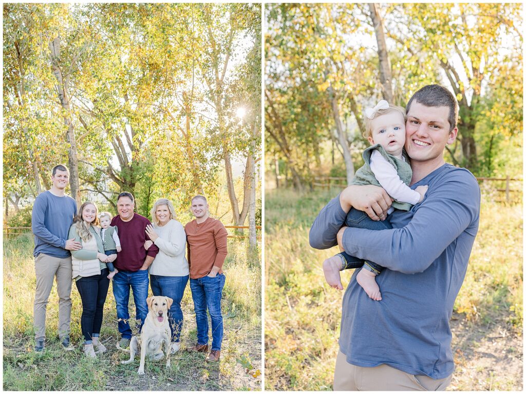 Dad hugs his baby girls and they pose cheek to cheek while looking directly into the camera for the Stute Family Outdoor Session at South Mesa Trailhead in Boulder, CO