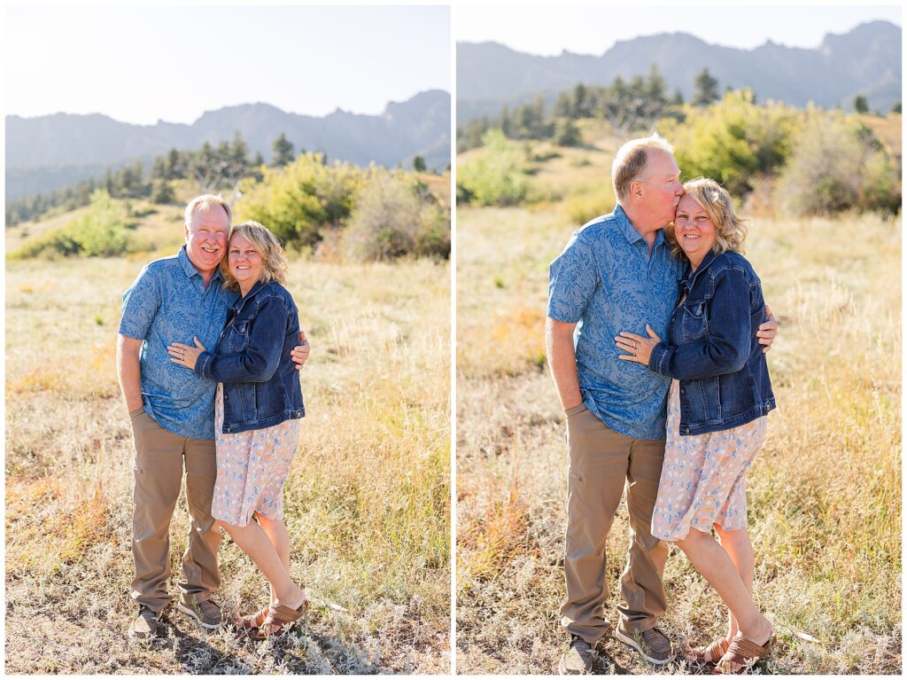 Couple put their arms around each other for outdoor fall mini sessions at the South Mesa Trailhead in Boulder, CO