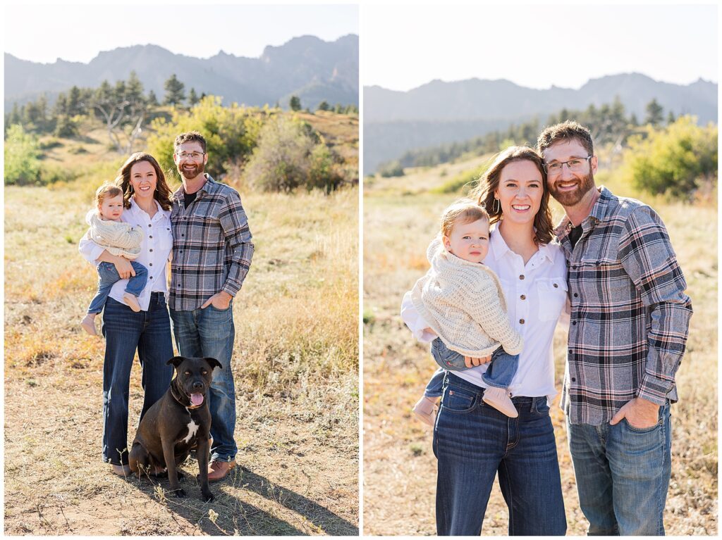 Mother stand with her baby girl on her hip as she snuggles up next to her husband for outdoor fall mini sessions at the South Mesa Trailhead in Boulder, CO
