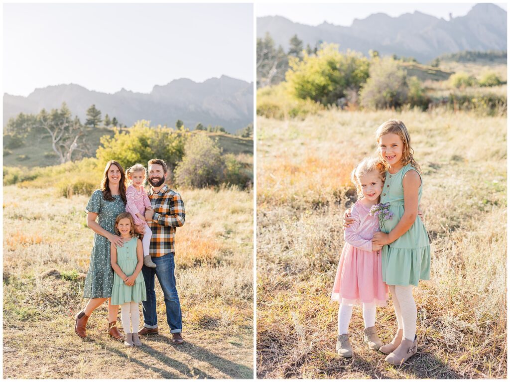 Sisters hug and pose for outdoor fall mini sessions at the South Mesa Trailhead in Boulder, CO