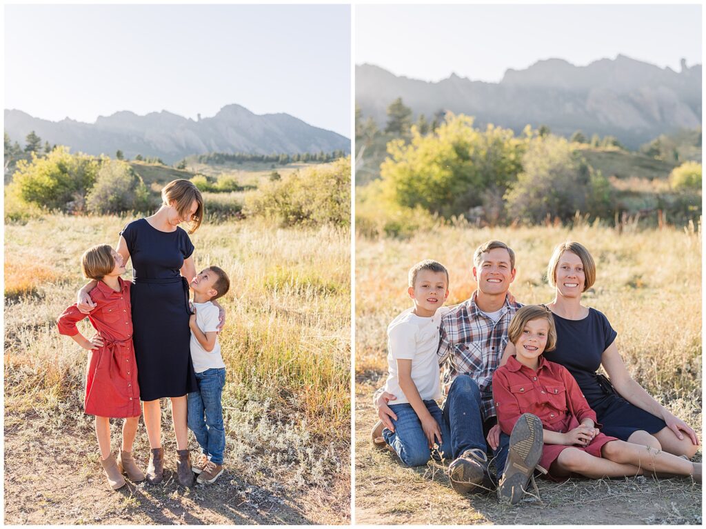 Family of four sit on the ground close to each other in Northern Colorado and pose for Catherine Chamberlain Photography
