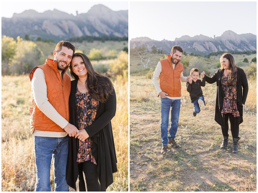 Couple each take the hand of their son as they pick him up into the air between them during outdoor fall mini sessions at the South Mesa Trailhead in Boulder, CO