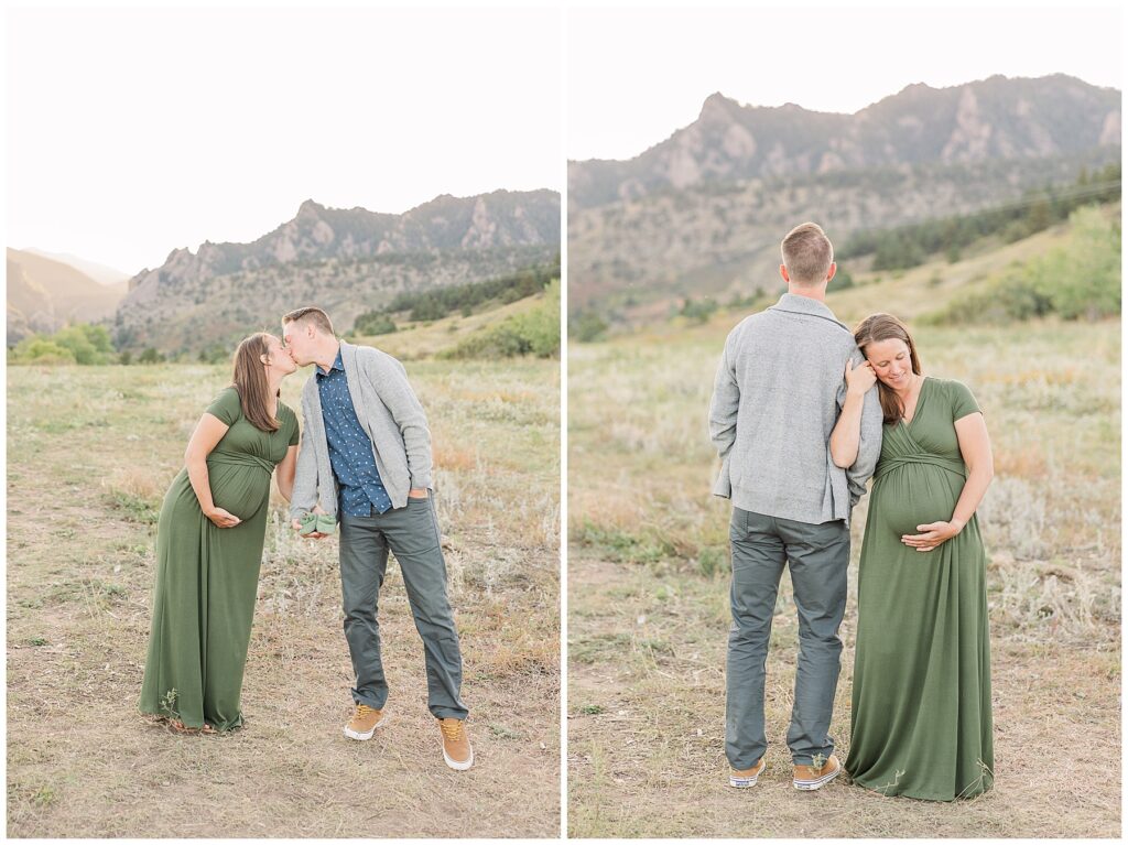 Expecting couple stand apart but lean in for a kiss during outdoor fall mini sessions