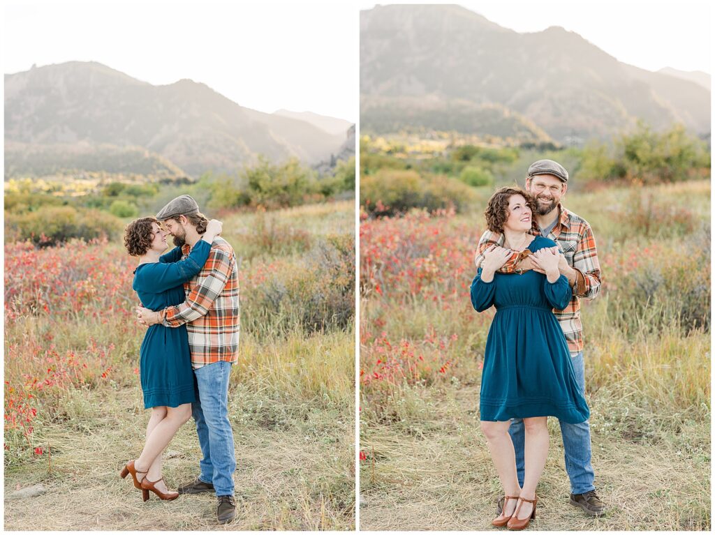 Couple kiss during outdoor fall mini sessions at the South Mesa Trailhead in Boulder, CO