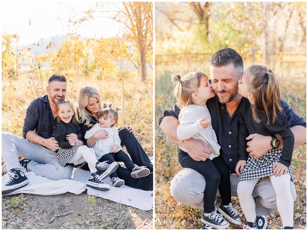 two young daughters sit on their dad's lap and each kiss his cheek during photos with Catherine Chamberlain Photography