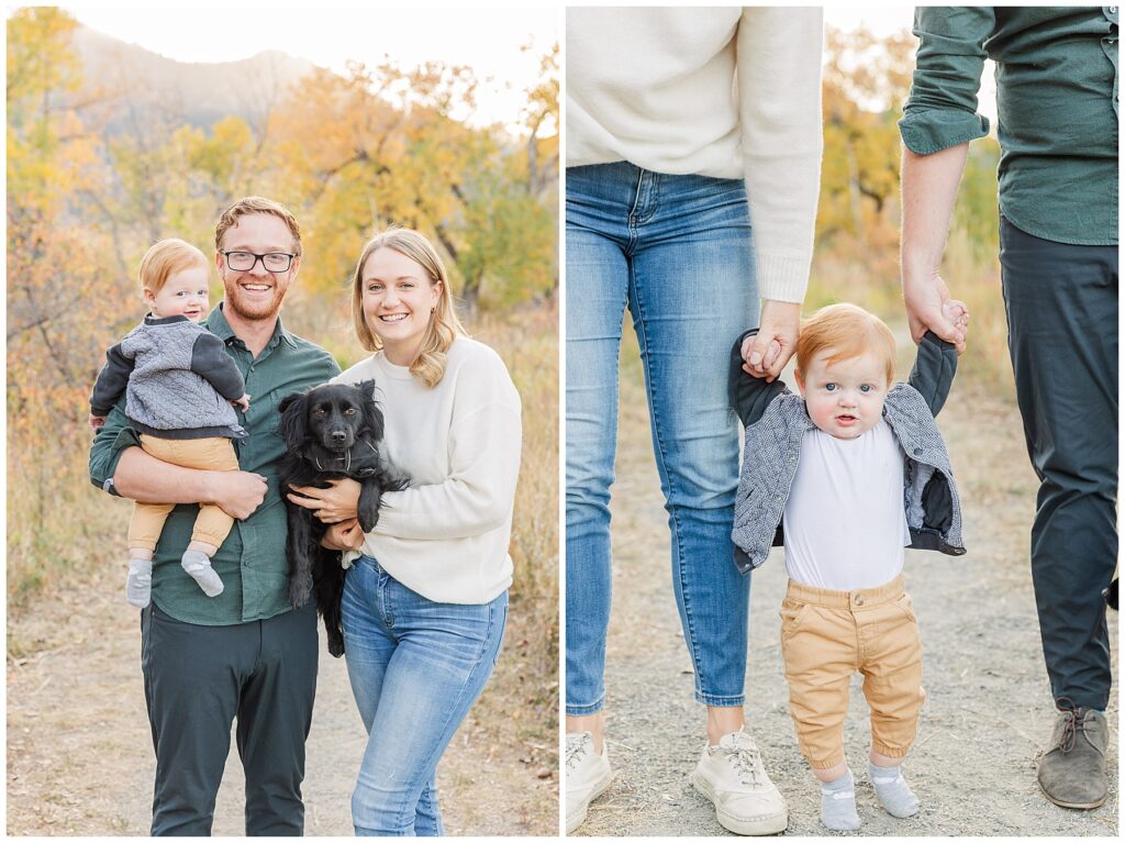 Dad holds his toddler as the mom holds their family dog during outdoor minis in the fall in northern Colorado