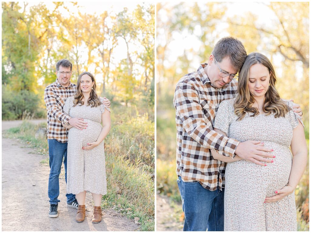 Expecting couple snuggle and put their hands on the mom's belly during the McKay Lake Mini Sessions in Broomfield, CO
