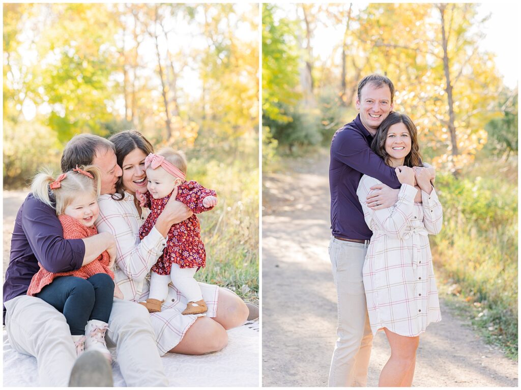 Family of four sit on the ground and interact together for fall mini sessions in northern Colorado