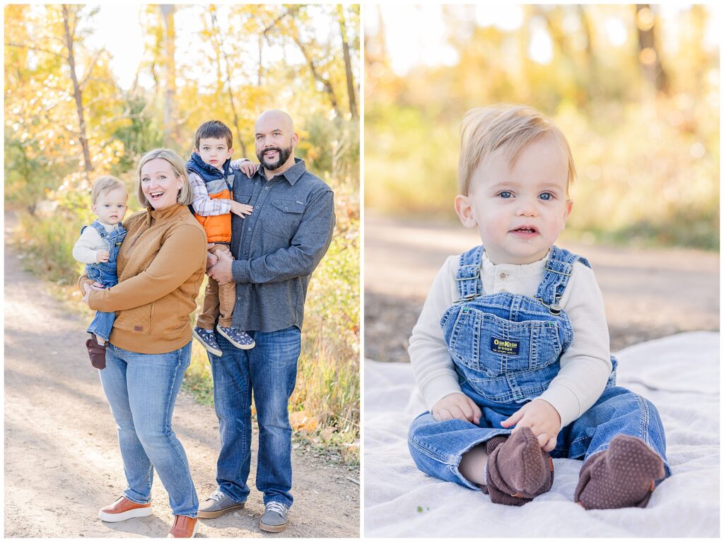 Baby boy in overalls poses for McKay Lake Mini Sessions in Broomfield, CO by Catherine Chamberlin Photography