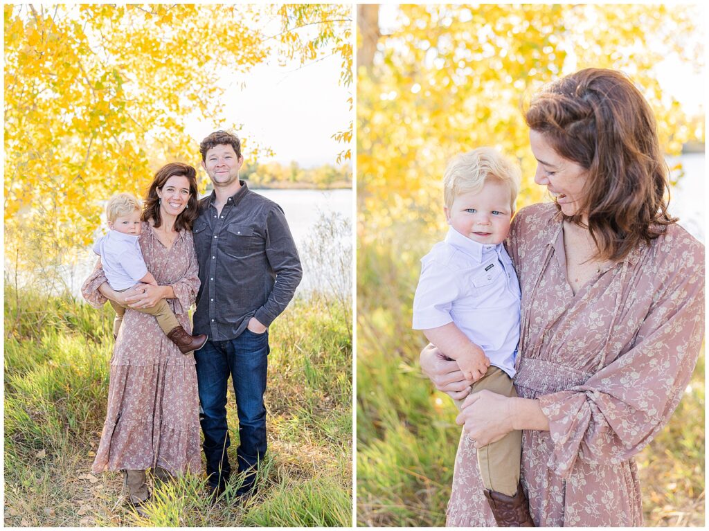 Husband stands with his wife who is holding their baby on her hip during Colorado outdoor photos