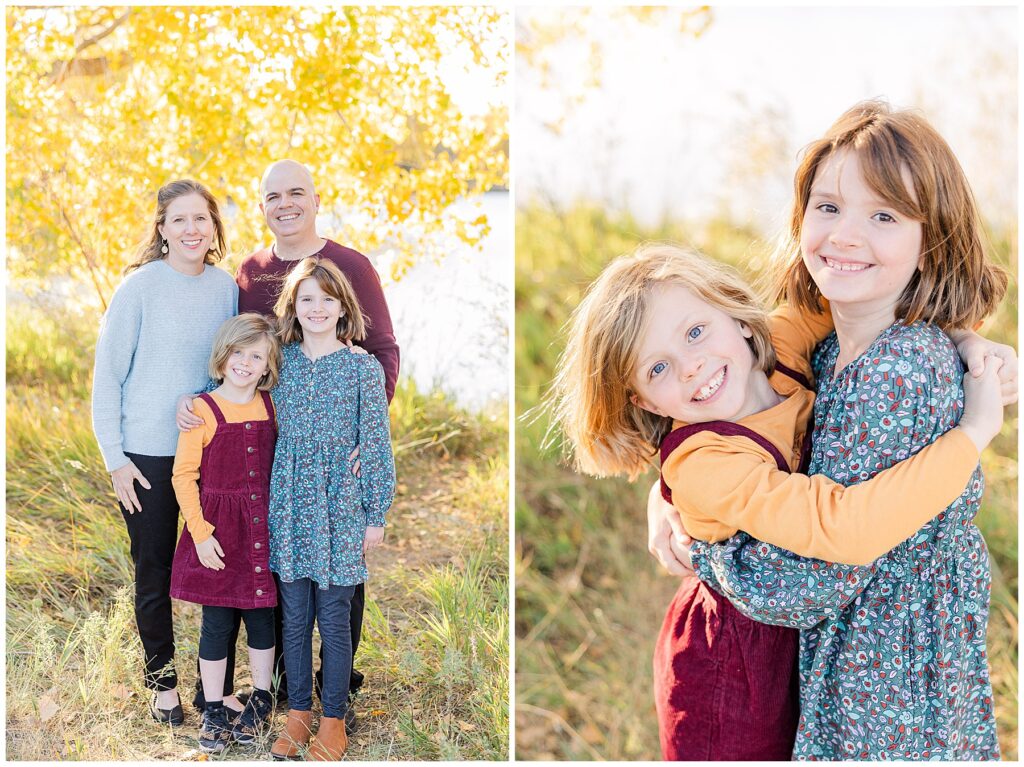 Sisters hug with big smiles during family photos in CO