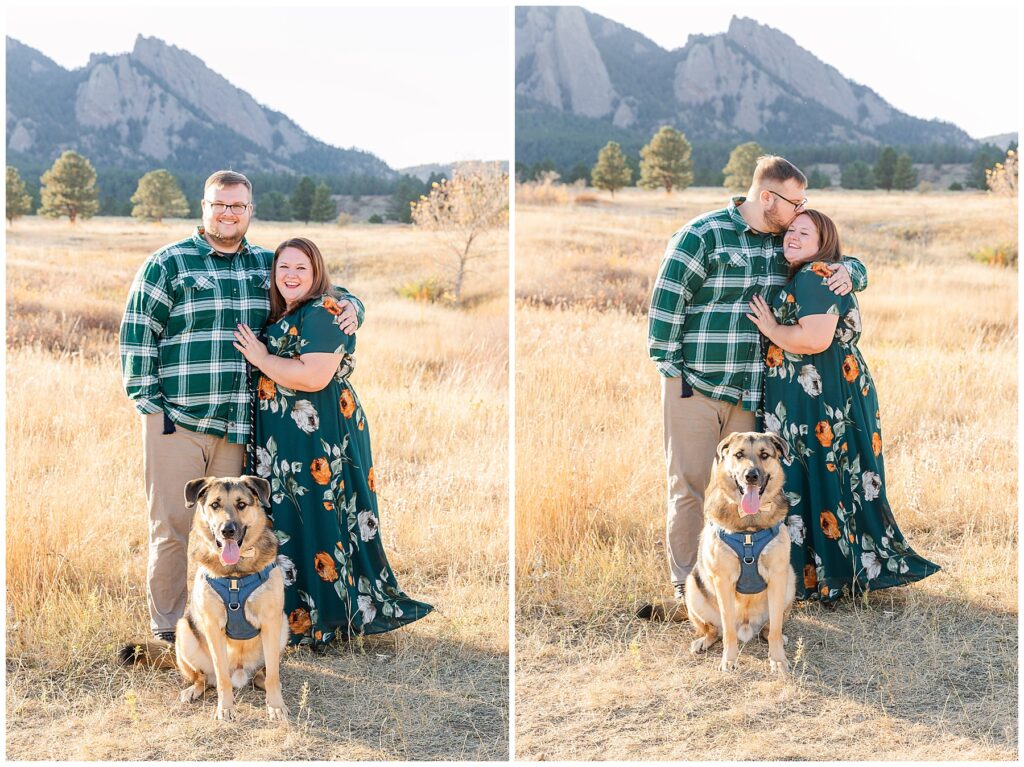 Couple pose with their dog at Boulder Flatiron Fall Minis in Northern Colorado 