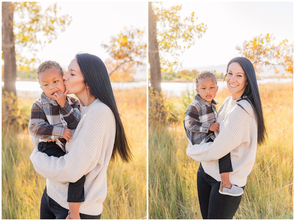 Lady kisses her little boy on the cheek for light and airy family photos in northern Colorado