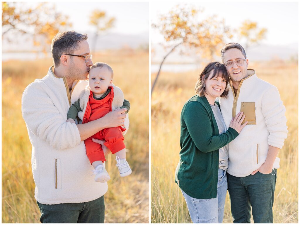 Dad holds his baby and kisses him on the head for outdoor fall mini session photos in Longmont, Colorado