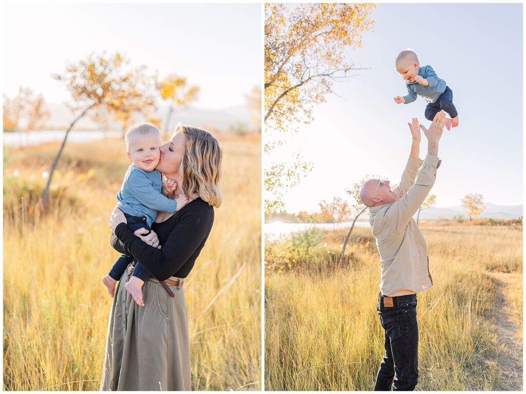 Dad throws baby up into the air at McIntosh Lake Fall Minis with Catherine Chamberlain Photography