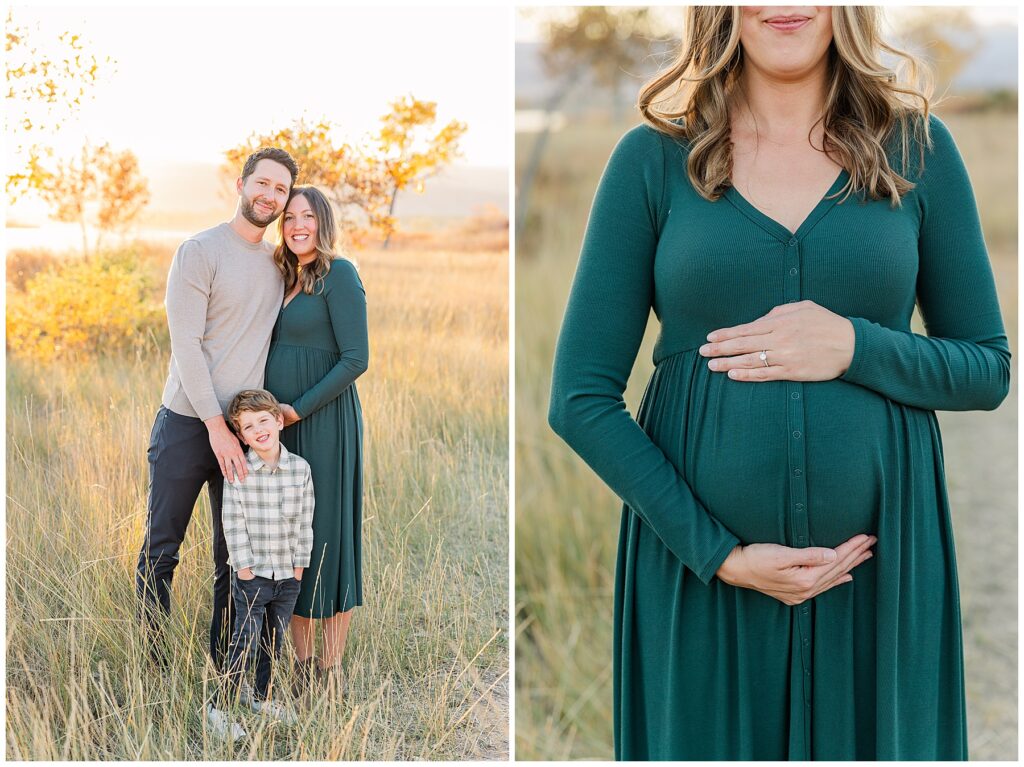 Close up maternity shot of mother's belly during outdoor family photos in Longmont, Colorado