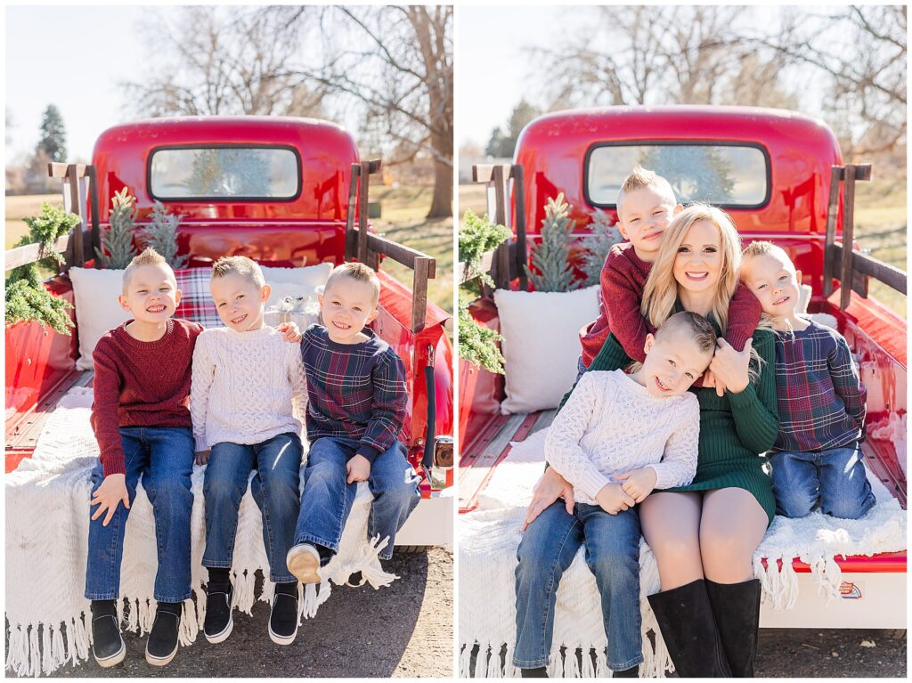 Mom and three kids pose for light and airy photos at outdoor truck Christmas Minis in Louisville, CO