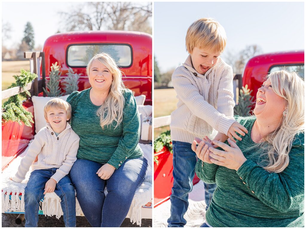Mother and young son share a laughing candid moment during Christmas minis