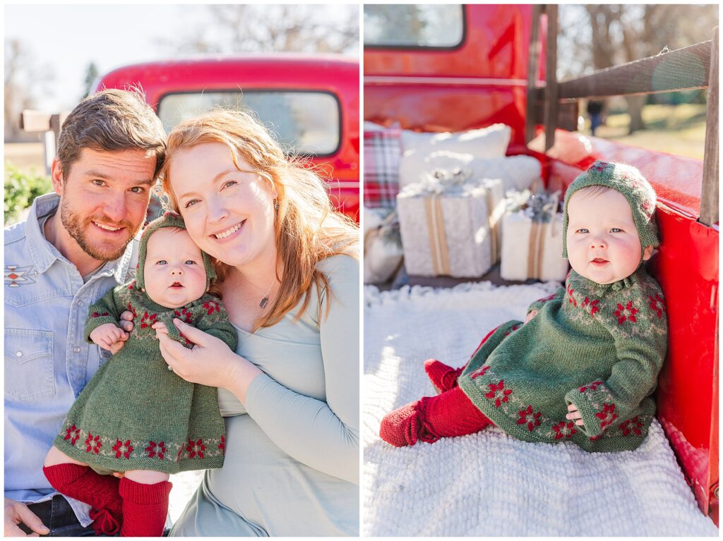 Baby in an adorable Christmas outfit sits proper up in a pickup truck bed