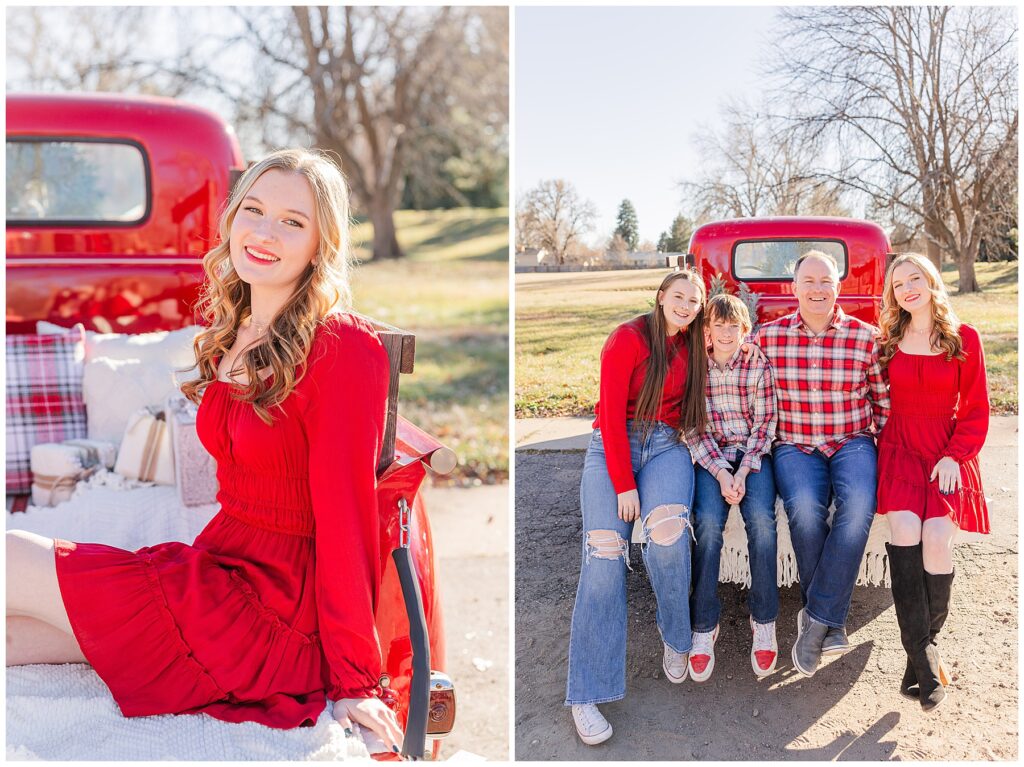 Young ladies in a bright red Christmas dress poses with one hand behind her as she sits on a tailgate