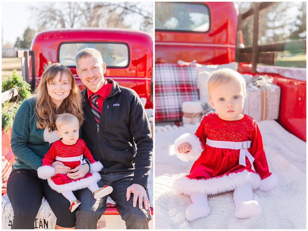 Baby girl in a Santa dress sits poses perfectly for outdoor truck Christmas Minis in Louisville, CO