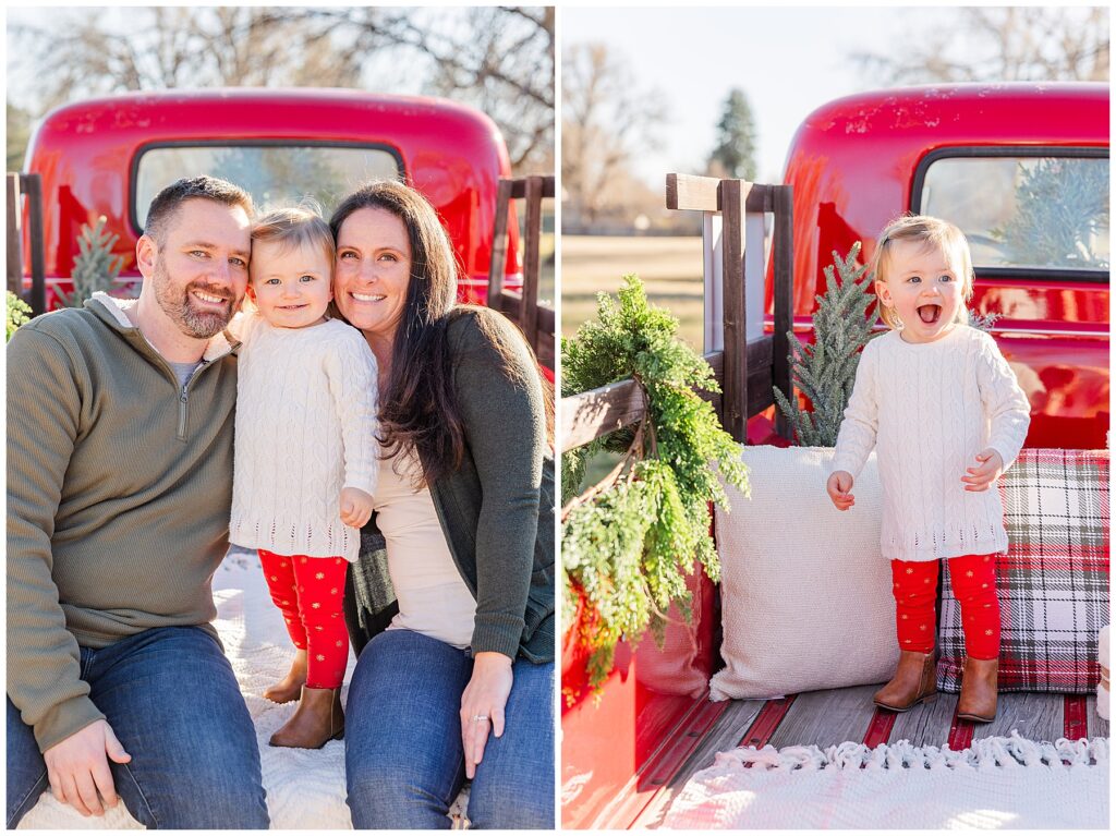 Little girl stand in the back of a truck decorated for Christmas photos with Catherine Chamberlain Photography