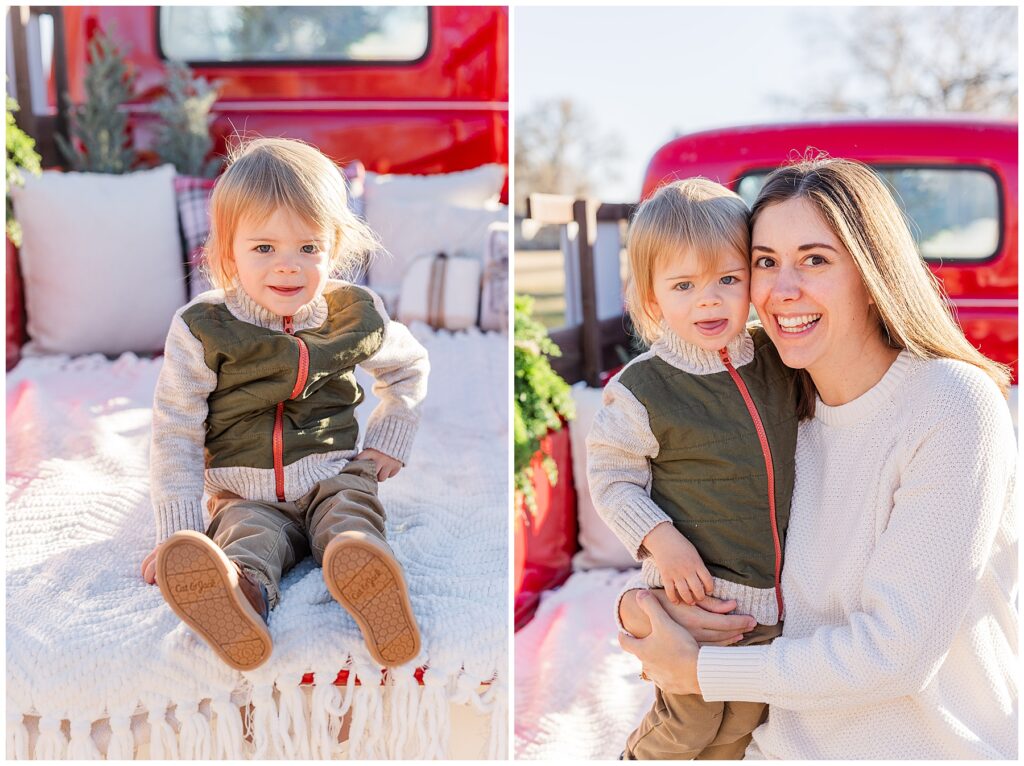 Baby sits in the back of a truck for outdoor truck Christmas Minis in Louisville, CO