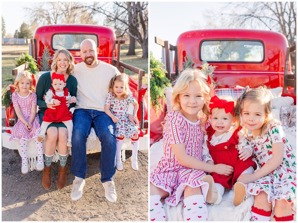 Three little sisters sit together and snuggle for Christmas photos on the back of a red truck