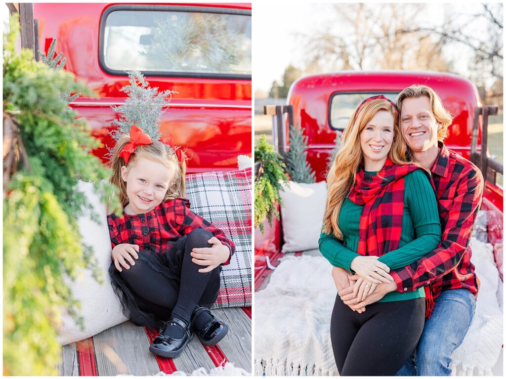 Husband and wife pose as husband wraps his arms around his wife for Christmas phots