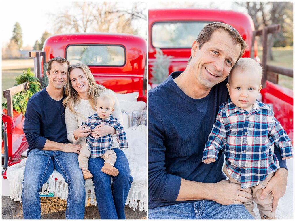 Mom and dad sit with their baby boy on mom's lap for Christmas photos with a bright red truck