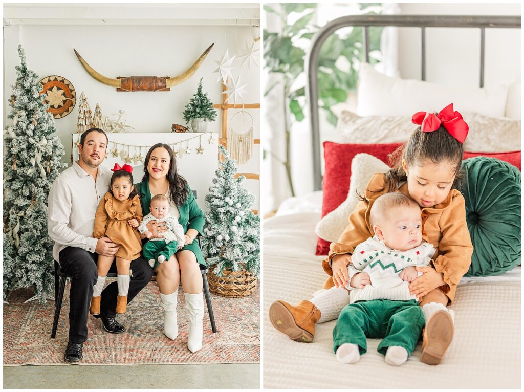  Sis holds her baby brother as they sit on a couch during studio Christmas minis