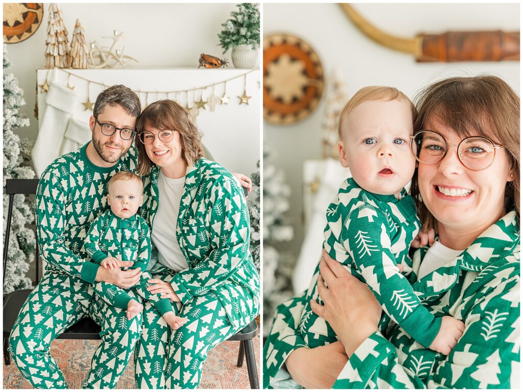 Mother and son pose face to face in matching Christmas pajamas